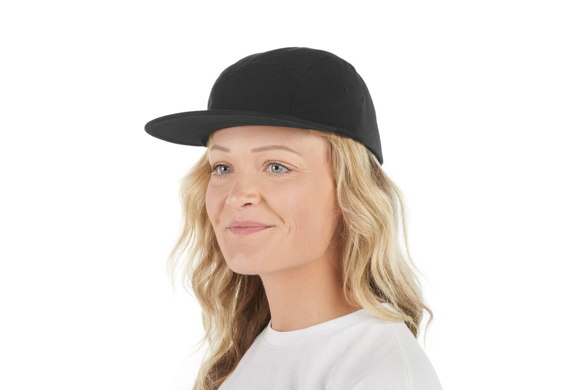 recycled-poly-flat-brim-5-panel-hat-b2 WebPDP-HAT003002_Recycled_Poly_Flat_Brim_5Panel_Hat_Black_Studio_Harper_Studios_0723_Front_2__HAT003002OS.jpg
